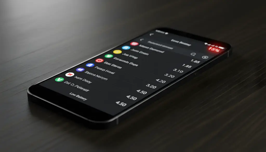 Smartphone Android con indicador de batería baja mostrando una app de apuestas deportivas