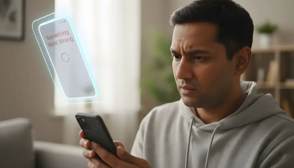 Smartphone Android mostrando una pantalla de error con un usuario frustrado intentando resolver el problema