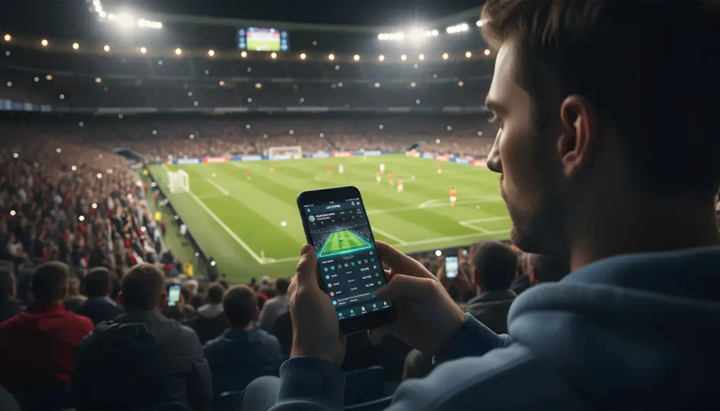 Aficionado en estadio de fútbol viendo partido mientras sostiene smartphone Android con app de apuestas