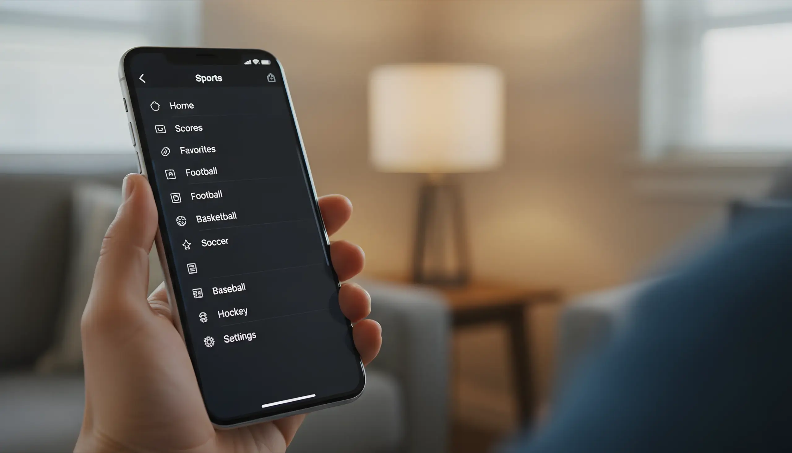 Pantalla de smartphone mostrando menú de navegación de aplicación deportiva