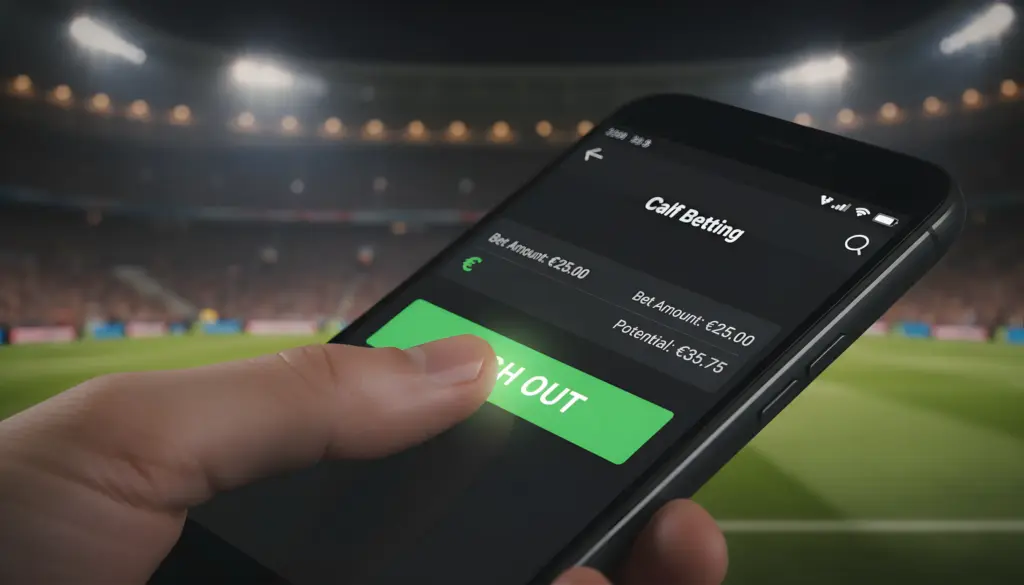 Mano tocando botón de Cash Out en pantalla de smartphone Android durante partido deportivo