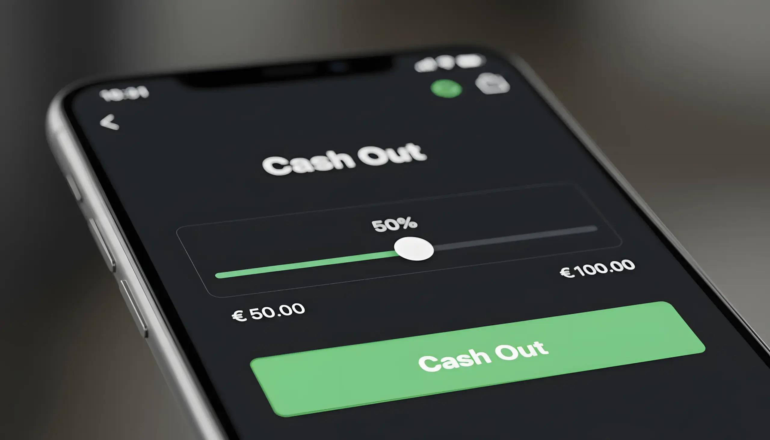 Interfaz de app de apuestas mostrando deslizador de Cash Out parcial con porcentaje seleccionable