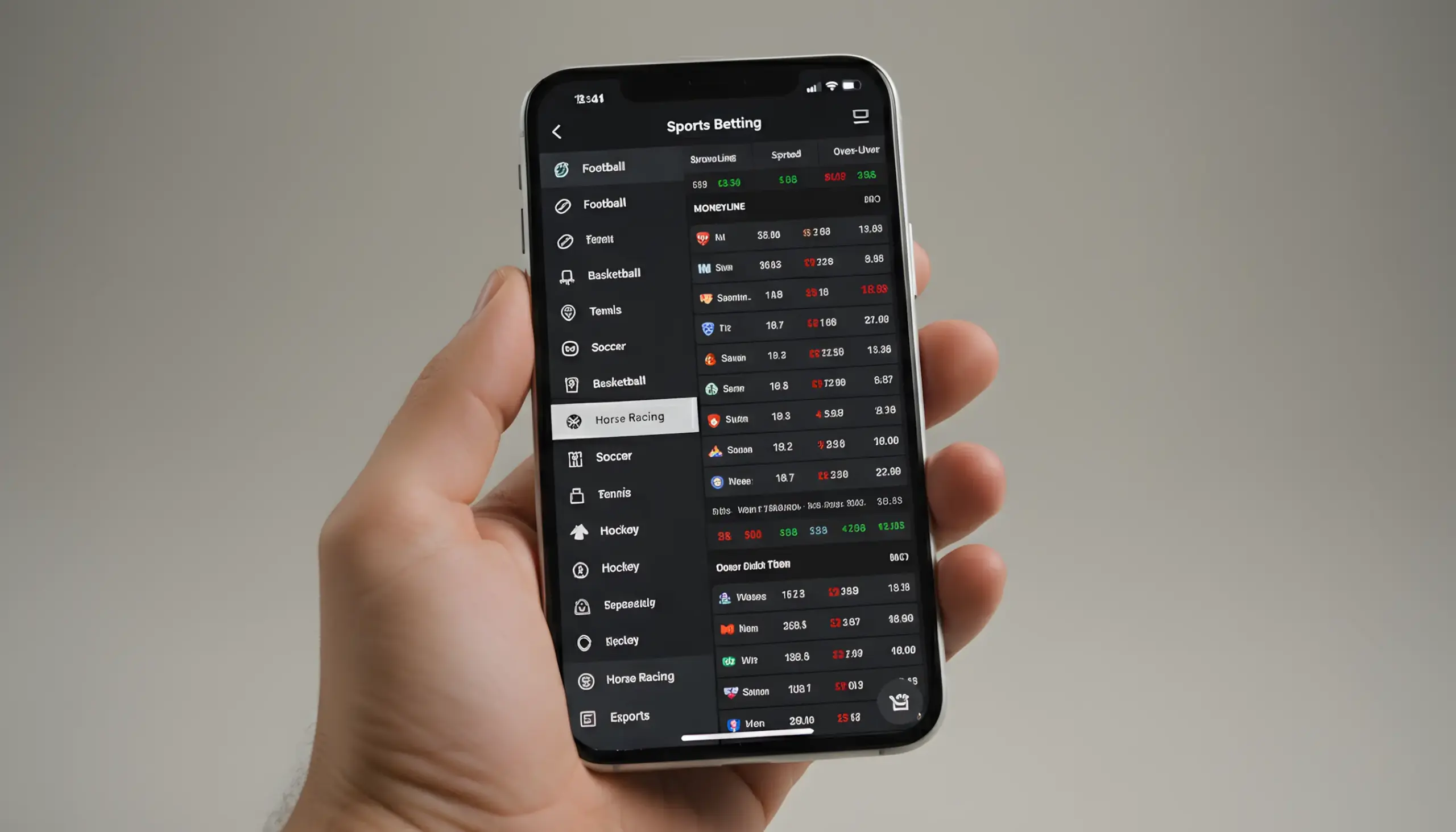 Smartphone mostrando variedad de deportes y mercados de apuestas