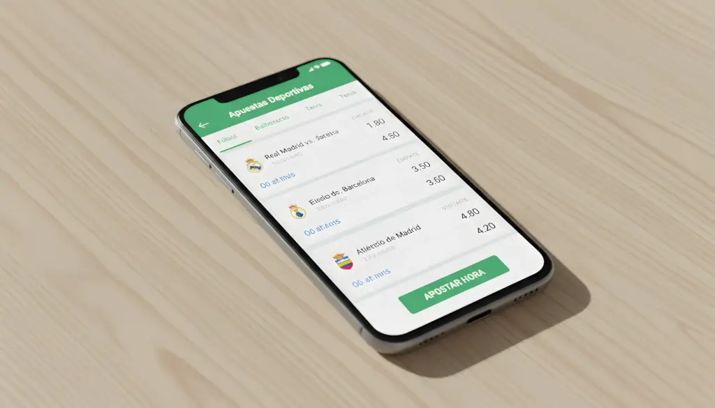 Smartphone Android mostrando aplicación de apuestas con interfaz verde y blanca