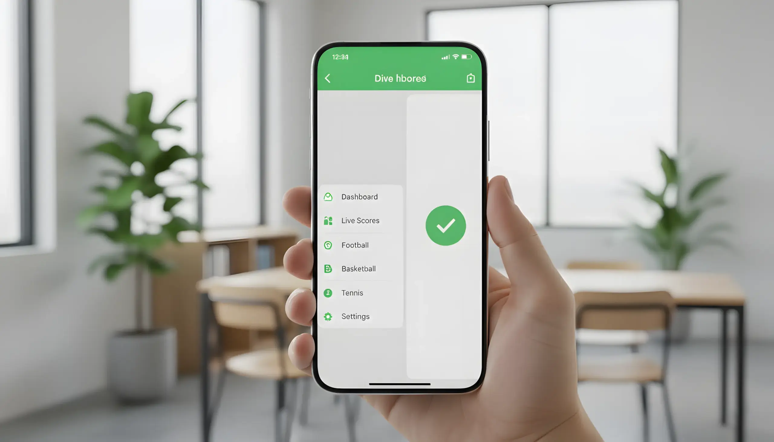 Pantalla de aplicación móvil con diseño limpio verde y blanco