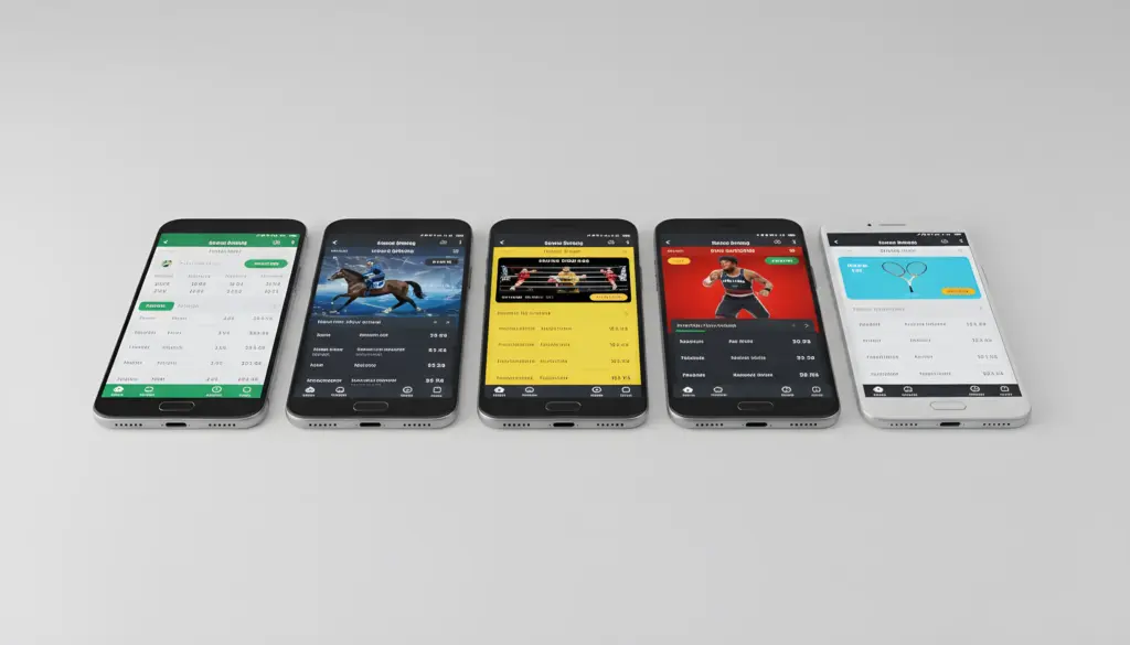 Cinco smartphones Android mostrando diferentes aplicaciones de apuestas deportivas