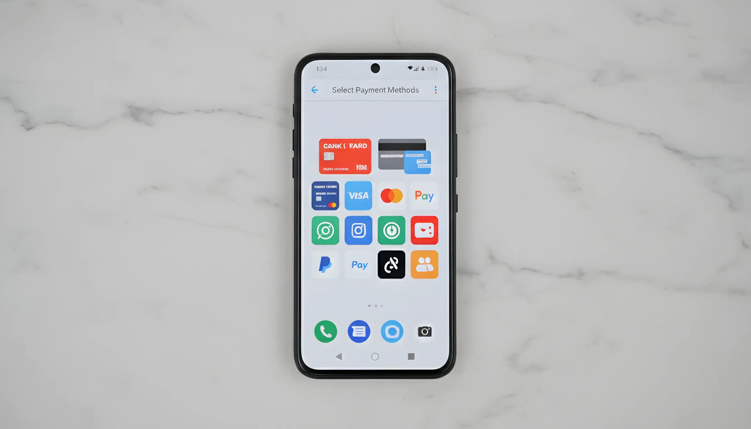 Iconos de diferentes métodos de pago en pantalla de smartphone Android