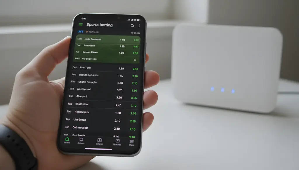 Smartphone Android mostrando barras de señal WiFi fuertes junto a una app de apuestas en vivo
