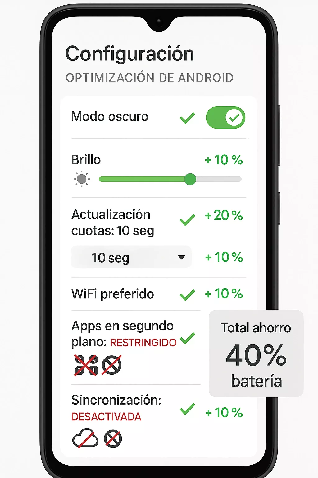 Configuración básica de Android para ahorrar batería: modo oscuro, brillo, actualización de cuotas