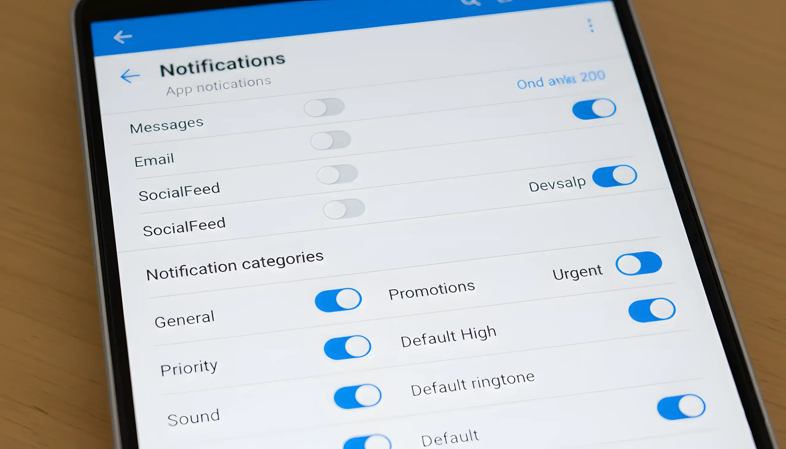 Pantalla de ajustes de Android mostrando opciones de configuración de notificaciones por categorías