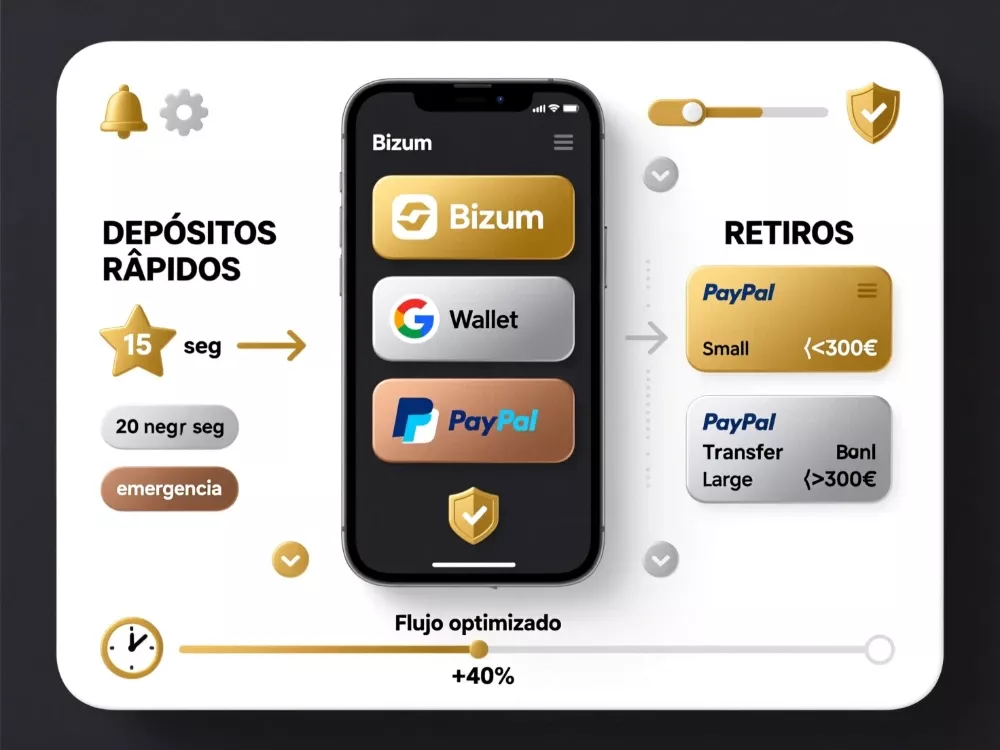 Configuración óptima de métodos de pago: Bizum principal, Google Pay backup, PayPal retiros