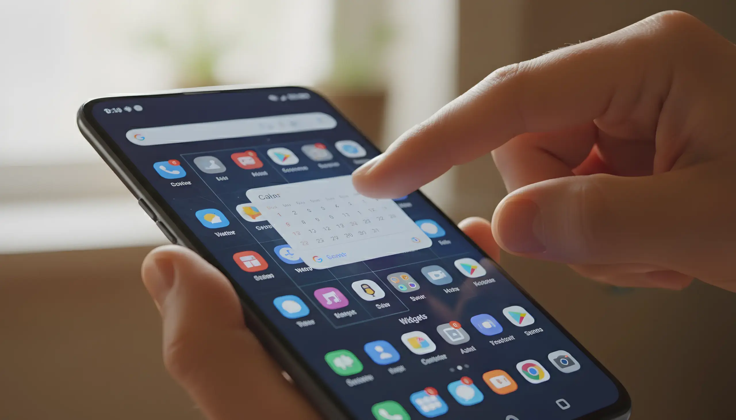 Mano de usuario arrastrando un widget de apuestas a la pantalla de inicio de un smartphone Android