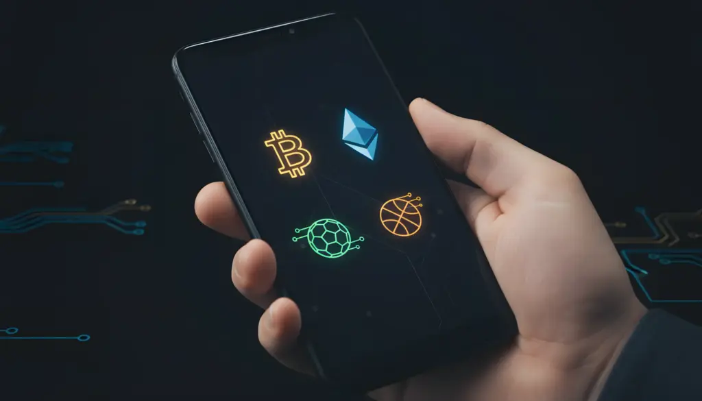 Smartphone Android mostrando símbolos de Bitcoin y Ethereum junto a iconos de apuestas deportivas