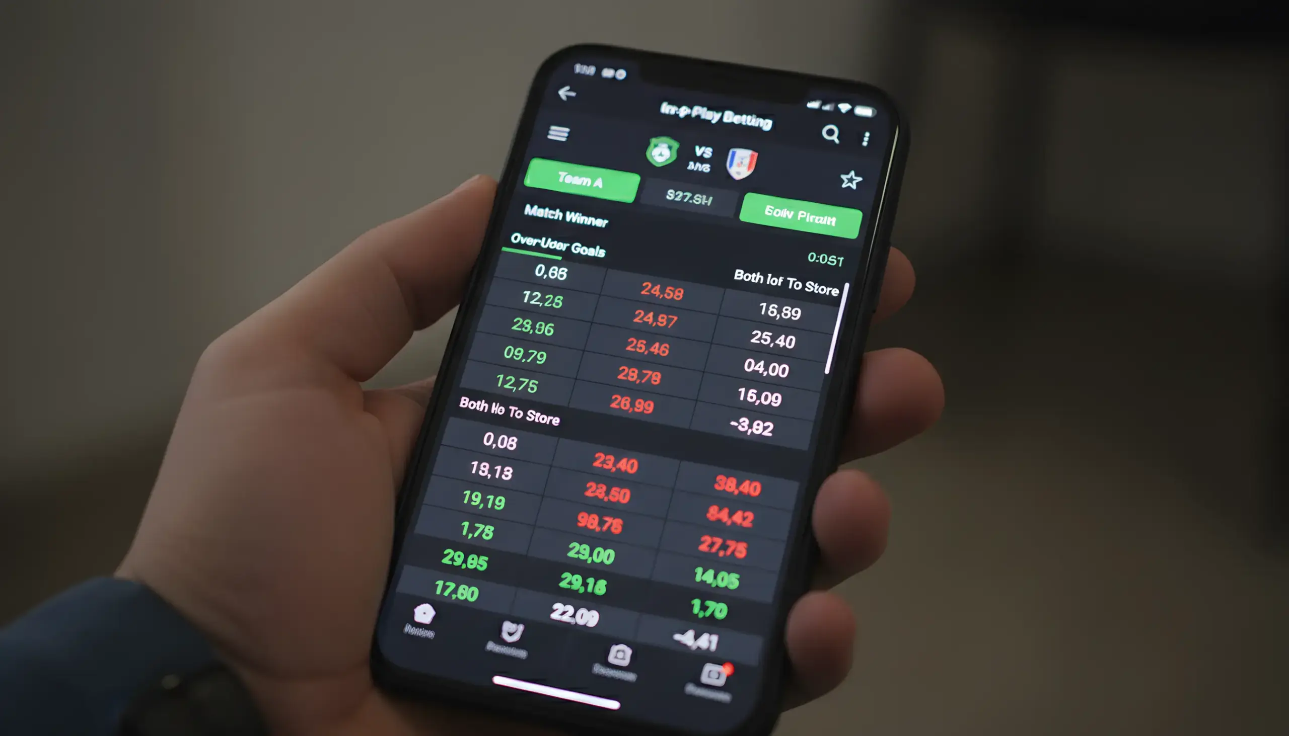 Pantalla de smartphone mostrando cuotas de apuestas en vivo cambiando en tiempo real durante partido de fútbol