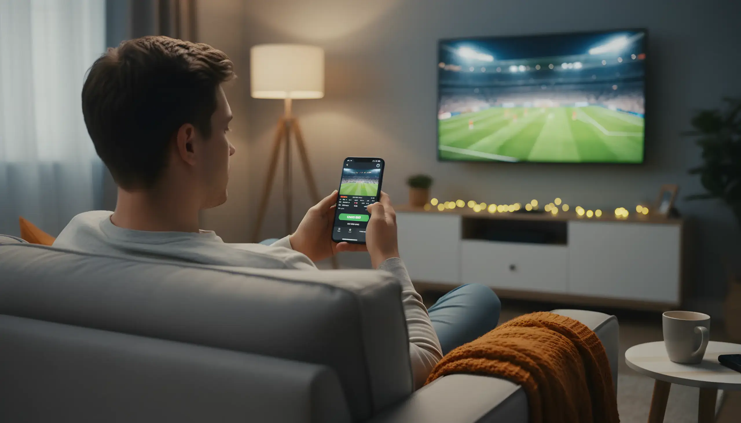 Persona pensativa mirando smartphone con opciones de Cash Out mientras ve partido de fútbol en televisión
