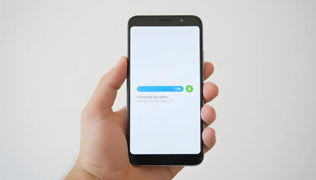 Mano sosteniendo un smartphone Android mostrando icono de descarga
