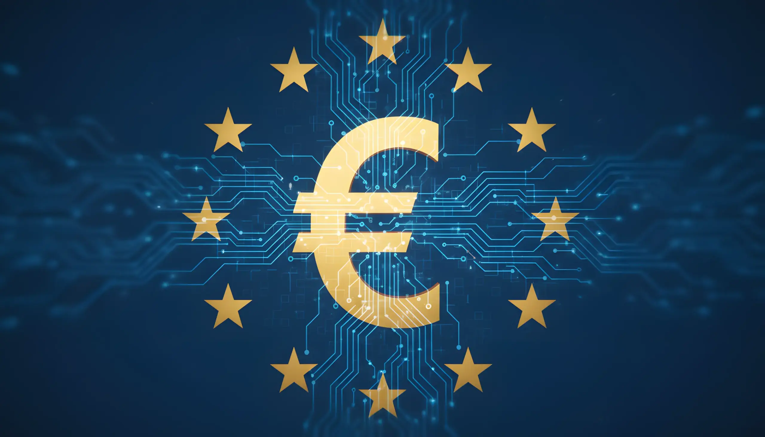 Ilustración conceptual del euro digital con símbolos de la Unión Europea y tecnología blockchain