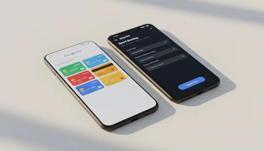 Smartphone Android mostrando Google Pay junto a interfaz de casa de apuestas