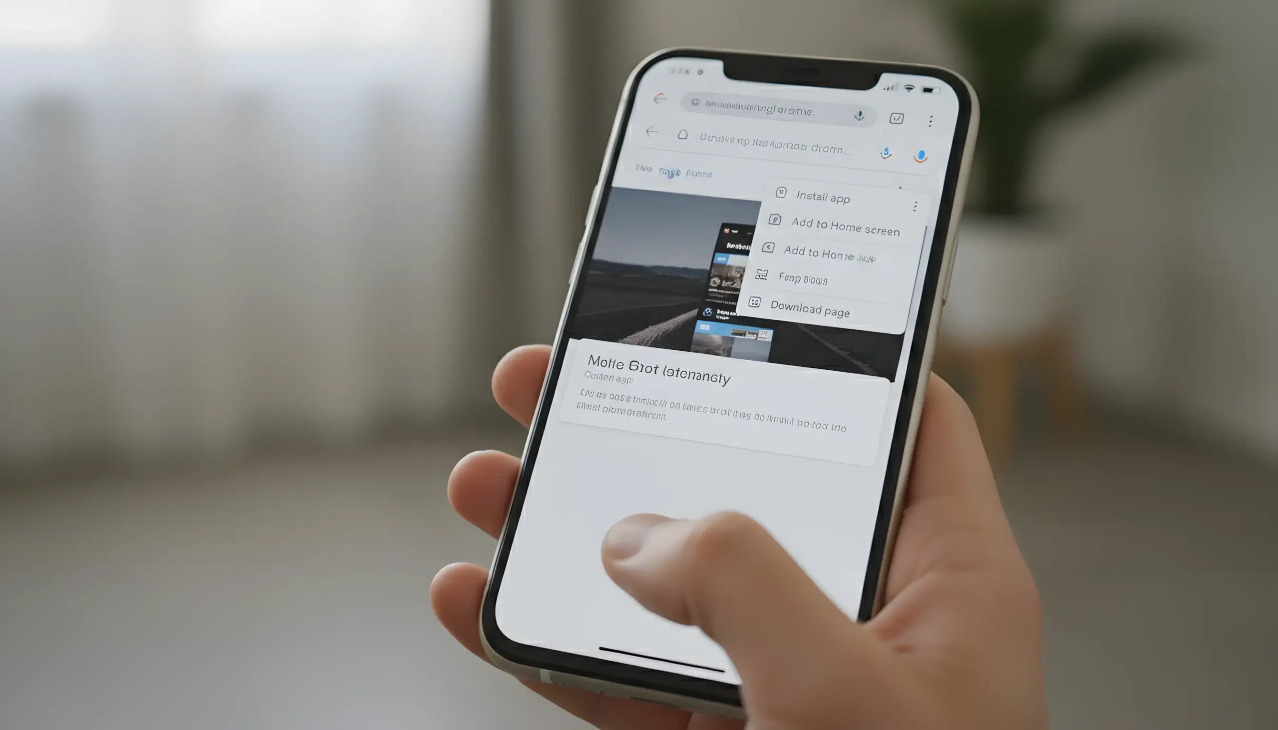 Pantalla de smartphone mostrando menú del navegador Chrome con opción de instalar