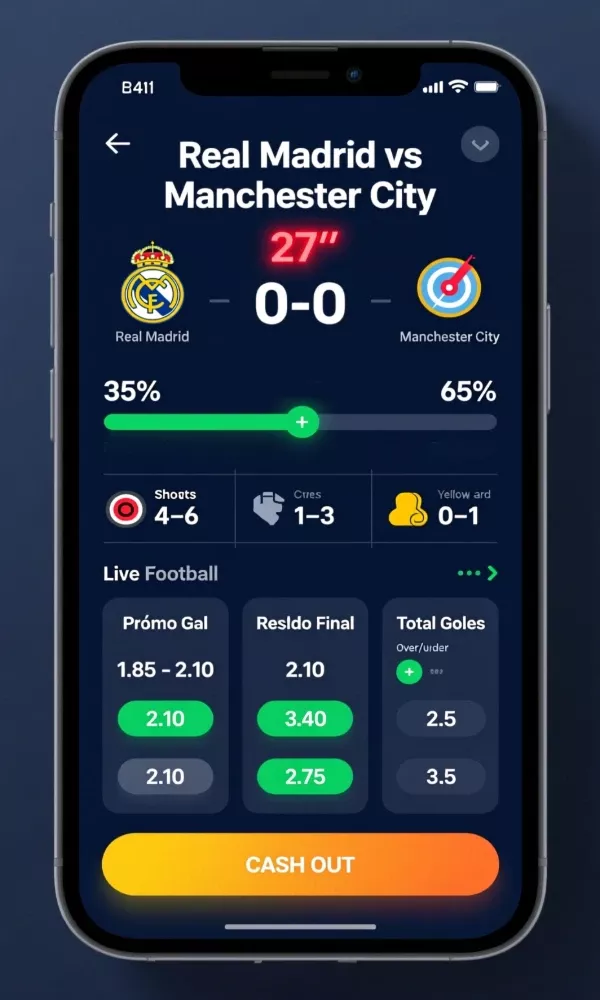 Interfaz de aplicación móvil mostrando apuestas en vivo con estadísticas de partido en tiempo real