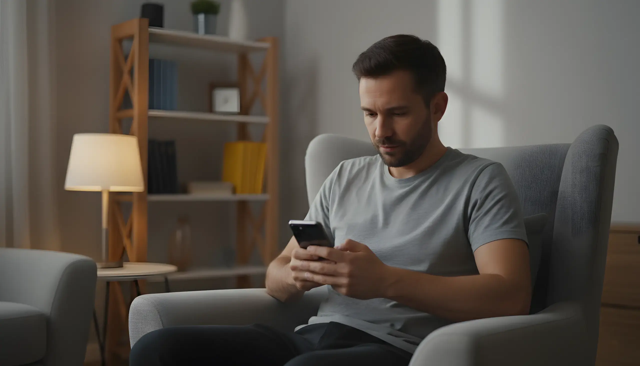 Persona reflexiva mirando su smartphone con widgets de apuestas en un ambiente hogareño tranquilo