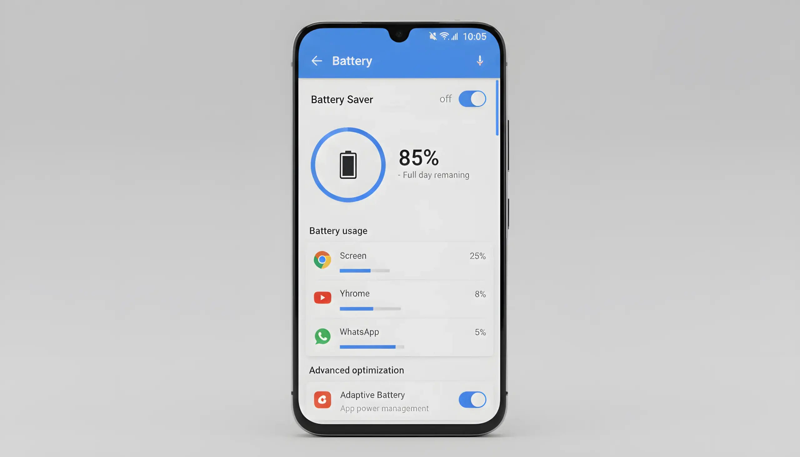 Pantalla de ajustes de batería de Android mostrando opciones de ahorro de energía y optimización