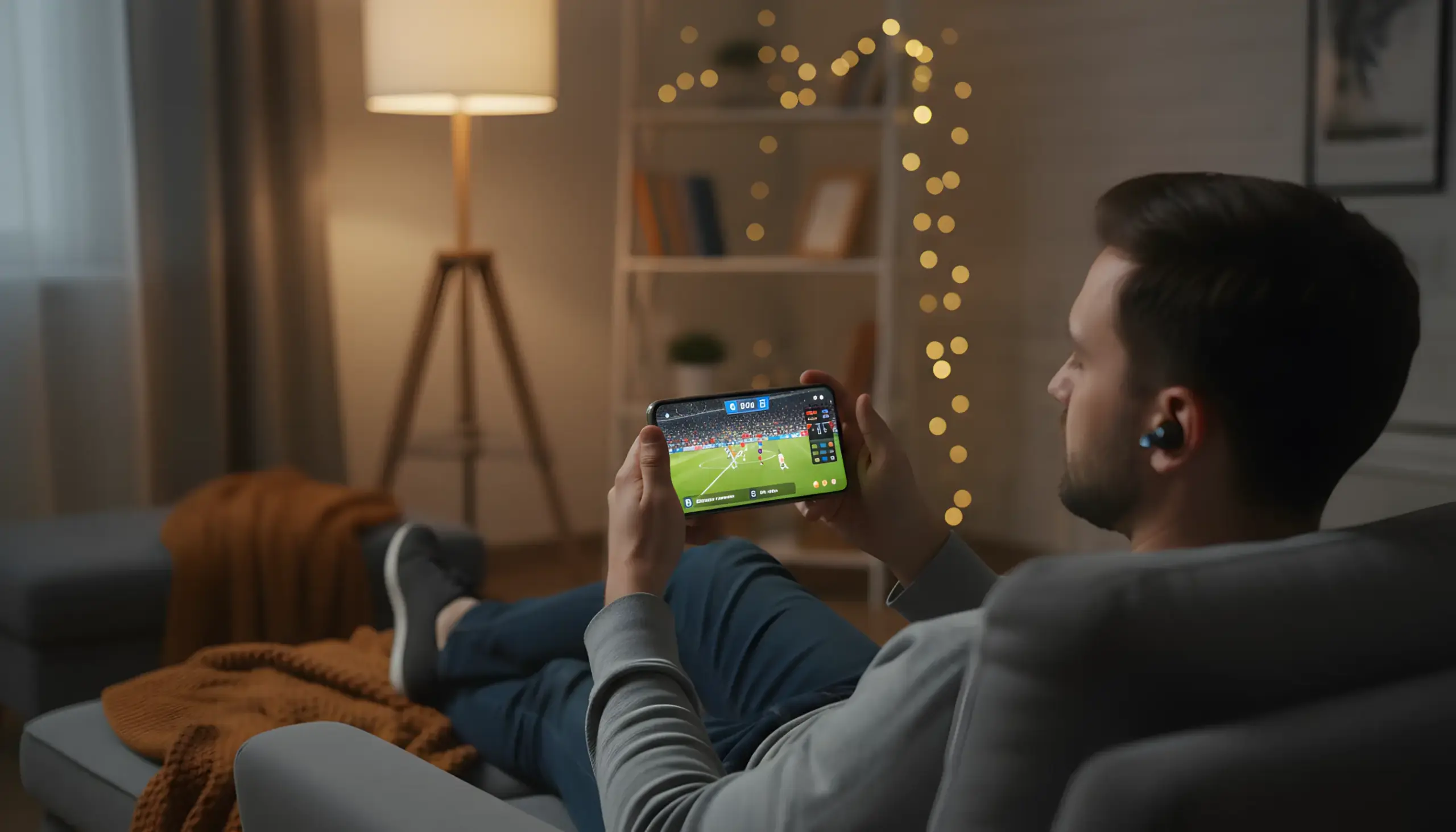 Persona viendo partido en streaming en su smartphone con auriculares en ambiente cómodo