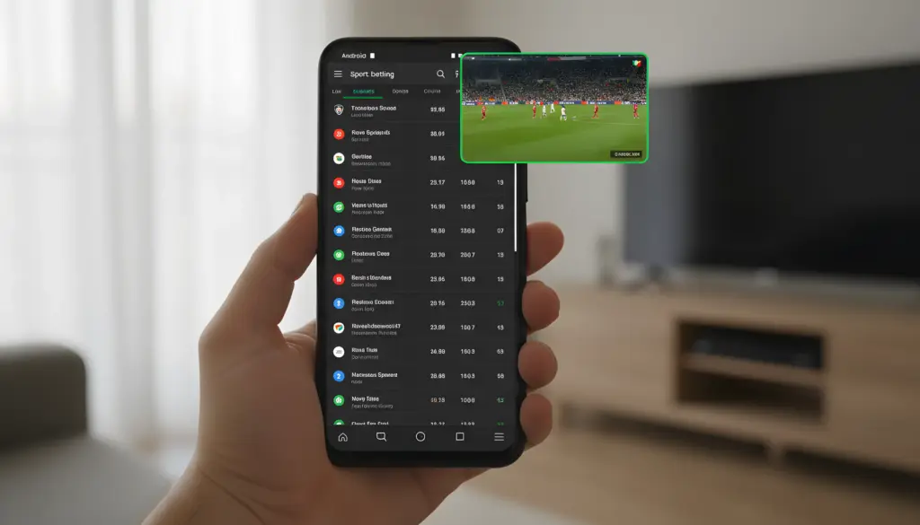 Smartphone Android mostrando un partido de fútbol en ventana flotante Picture-in-Picture mientras se ven mercados de apuestas
