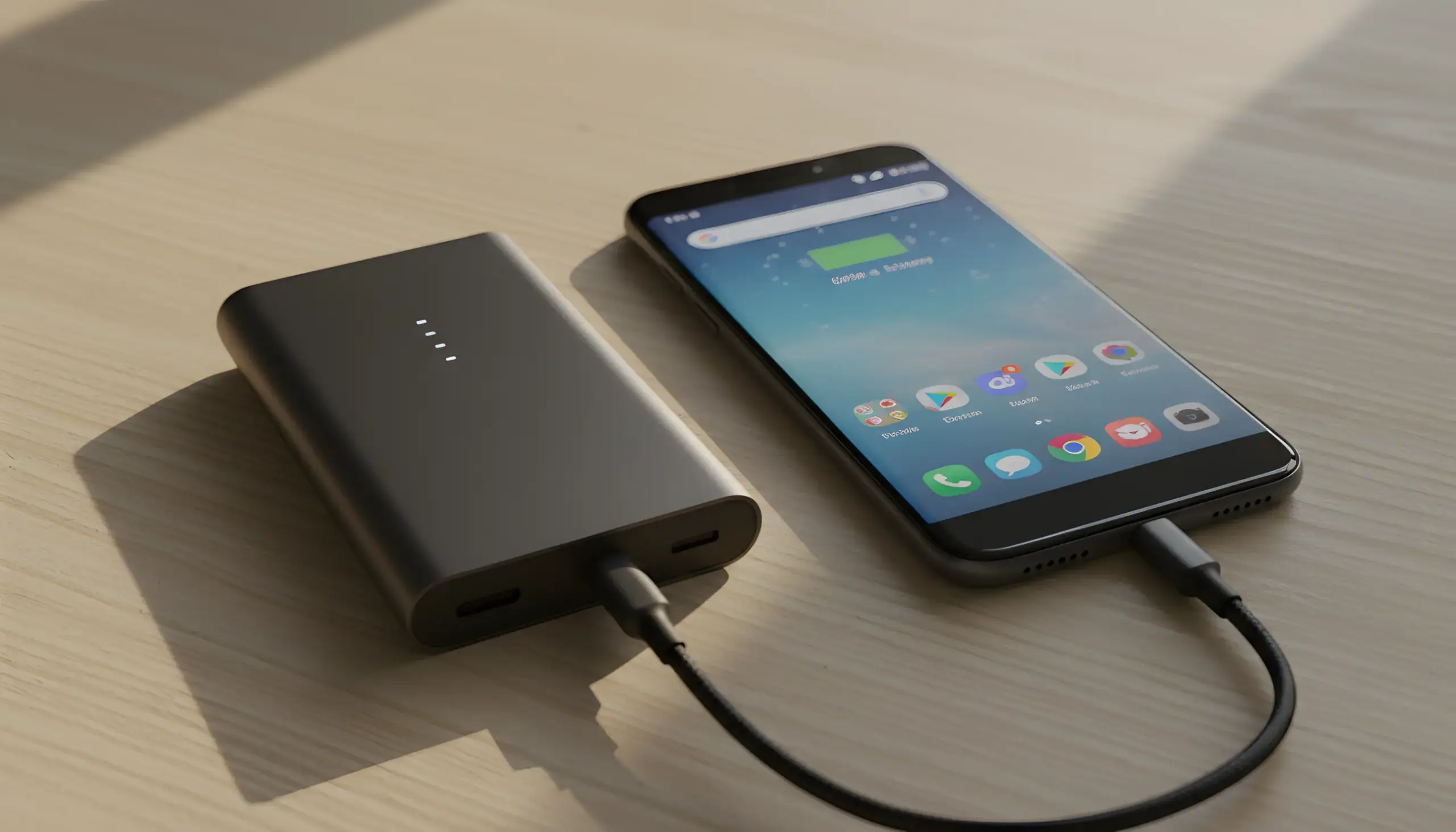 Cargador portátil power bank conectado a un smartphone Android sobre una mesa