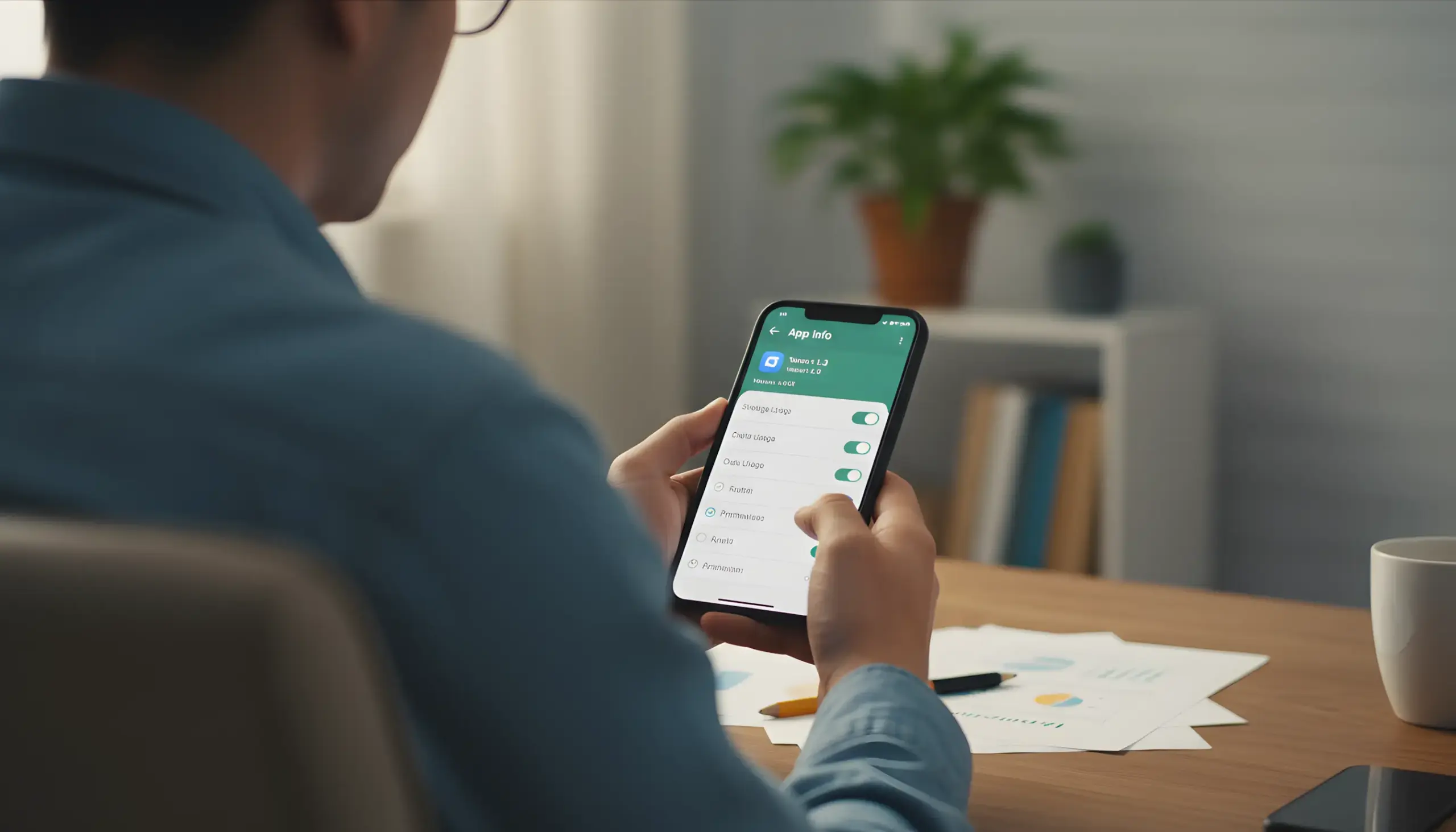 Persona revisando información de aplicación en ajustes del smartphone