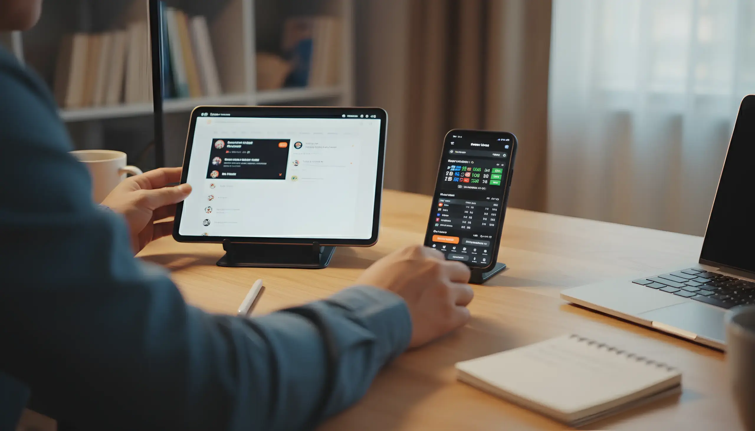 Persona preparando su espacio de trabajo con smartphone y tablet listos para sesión de apuestas en vivo