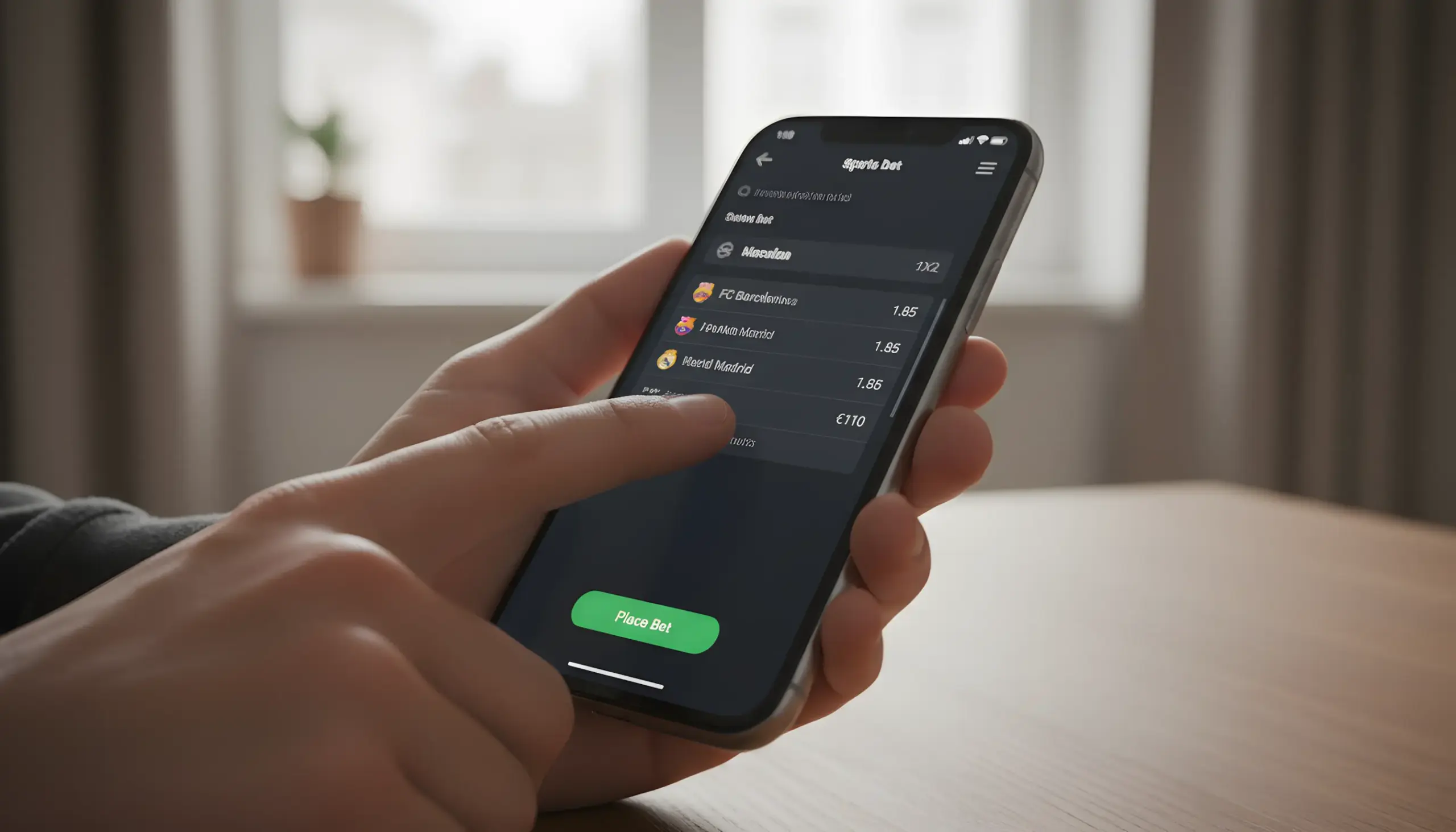 Manos sosteniendo smartphone realizando una apuesta deportiva paso a paso