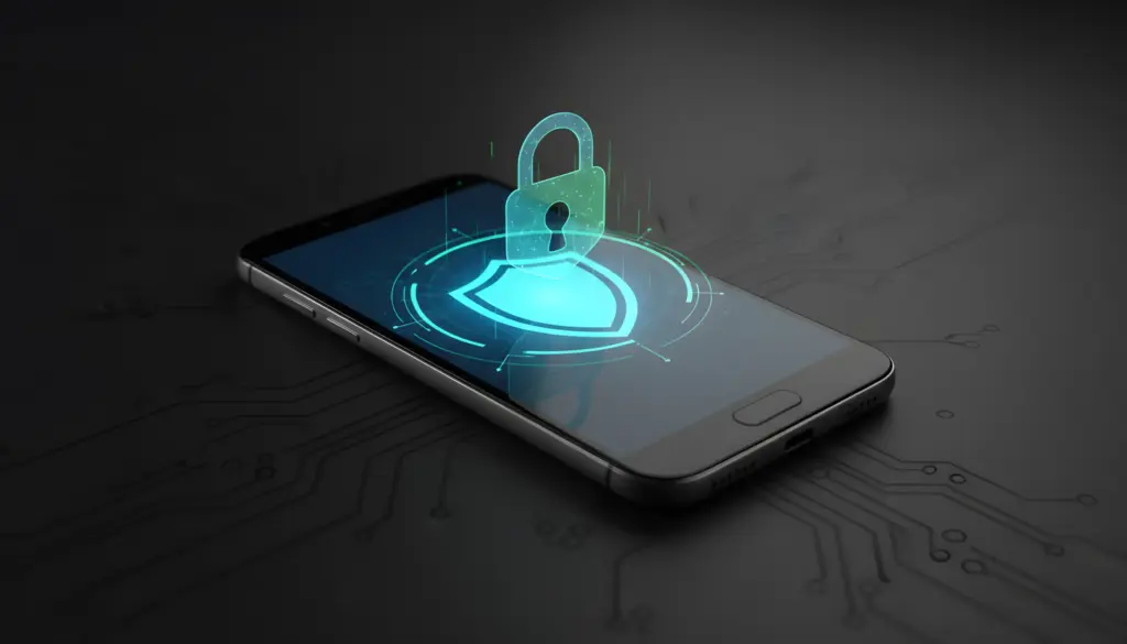 Smartphone Android con escudo de seguridad digital en pantalla