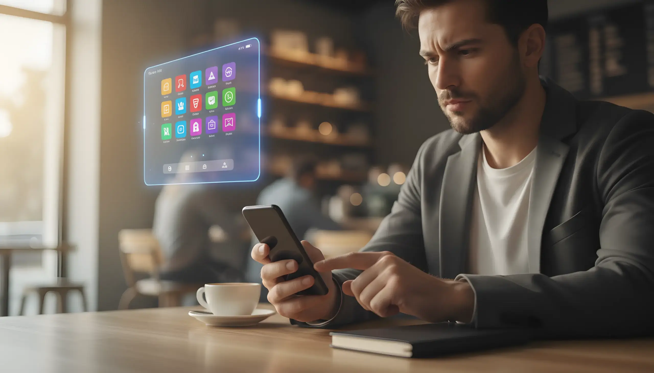 Persona pensativa mirando su smartphone eligiendo entre opciones