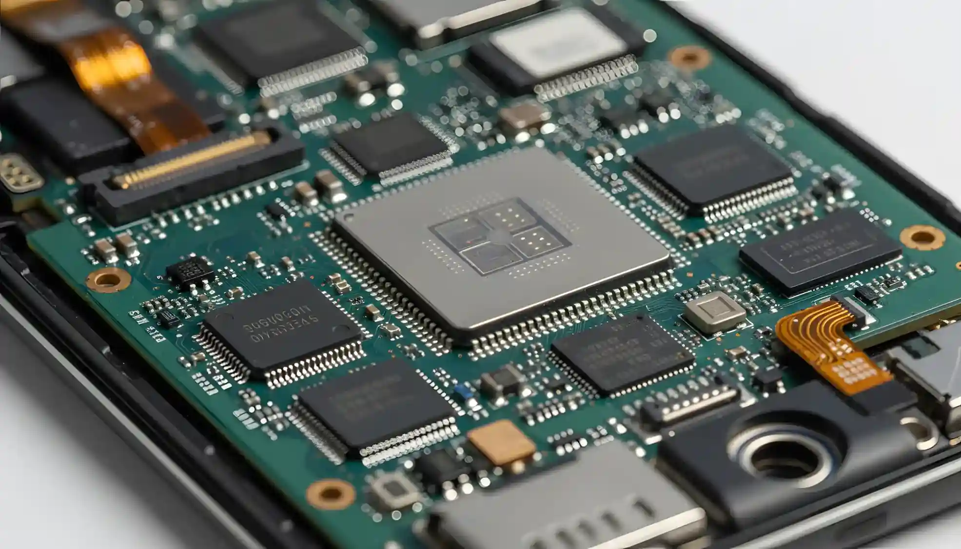 Interior de smartphone mostrando componentes electrónicos y chips de memoria
