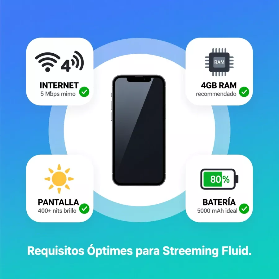 Infografía de requisitos técnicos óptimos para streaming de apuestas en Android: RAM, batería, conexión