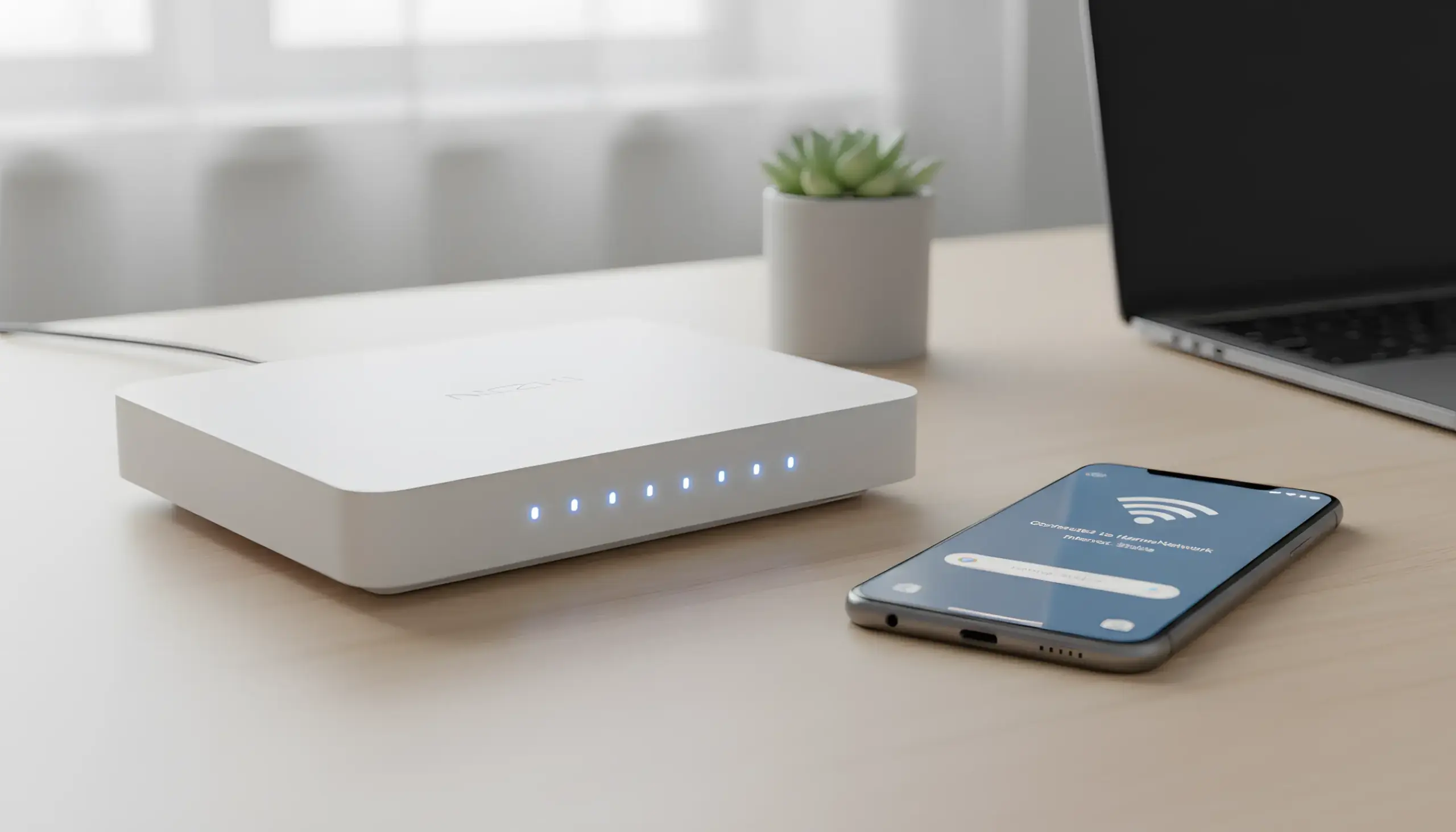 Router WiFi junto a smartphone Android con indicador de señal fuerte