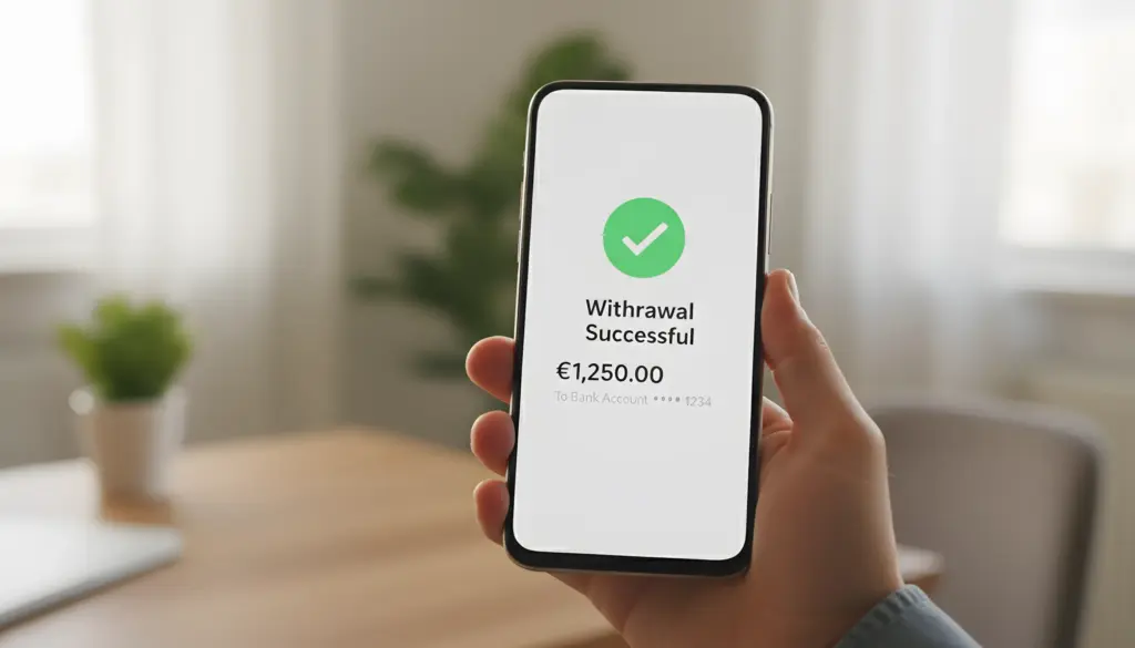 Mano sosteniendo smartphone Android mostrando confirmación de retiro exitoso con símbolo de euro