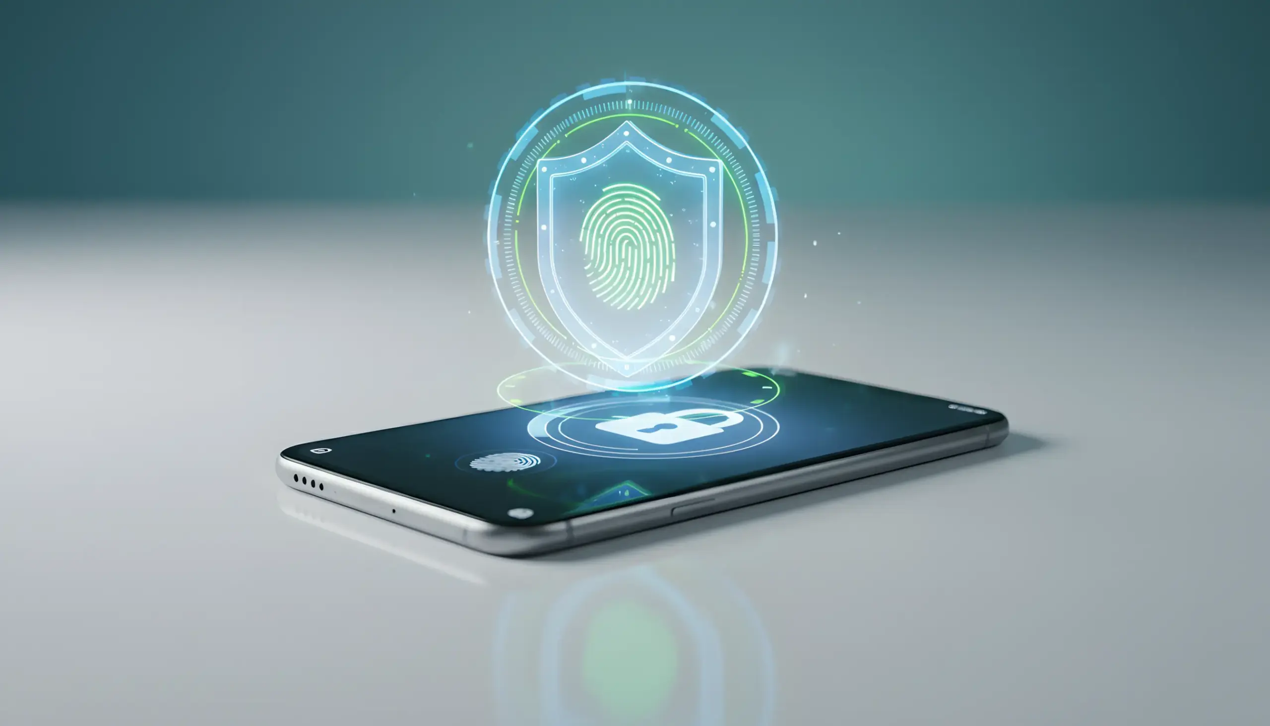 Smartphone con escudo de seguridad y símbolo de huella dactilar