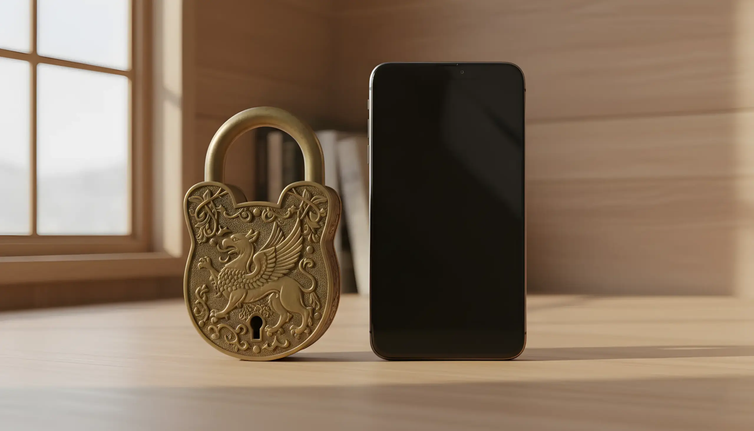 Candado de seguridad junto a un smartphone Android sobre escritorio