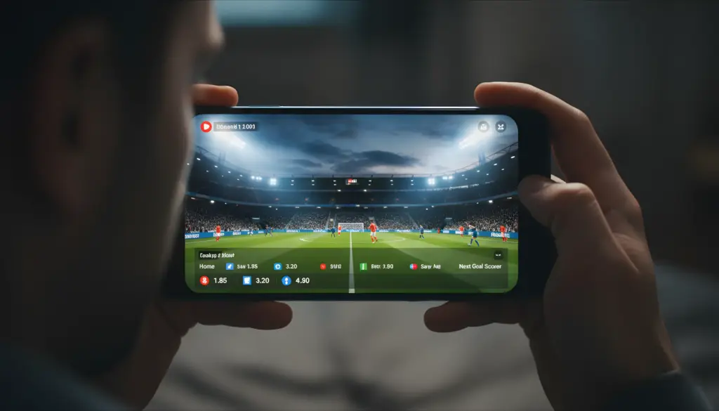 Smartphone Android reproduciendo partido de fútbol en streaming mientras muestra cuotas de apuestas