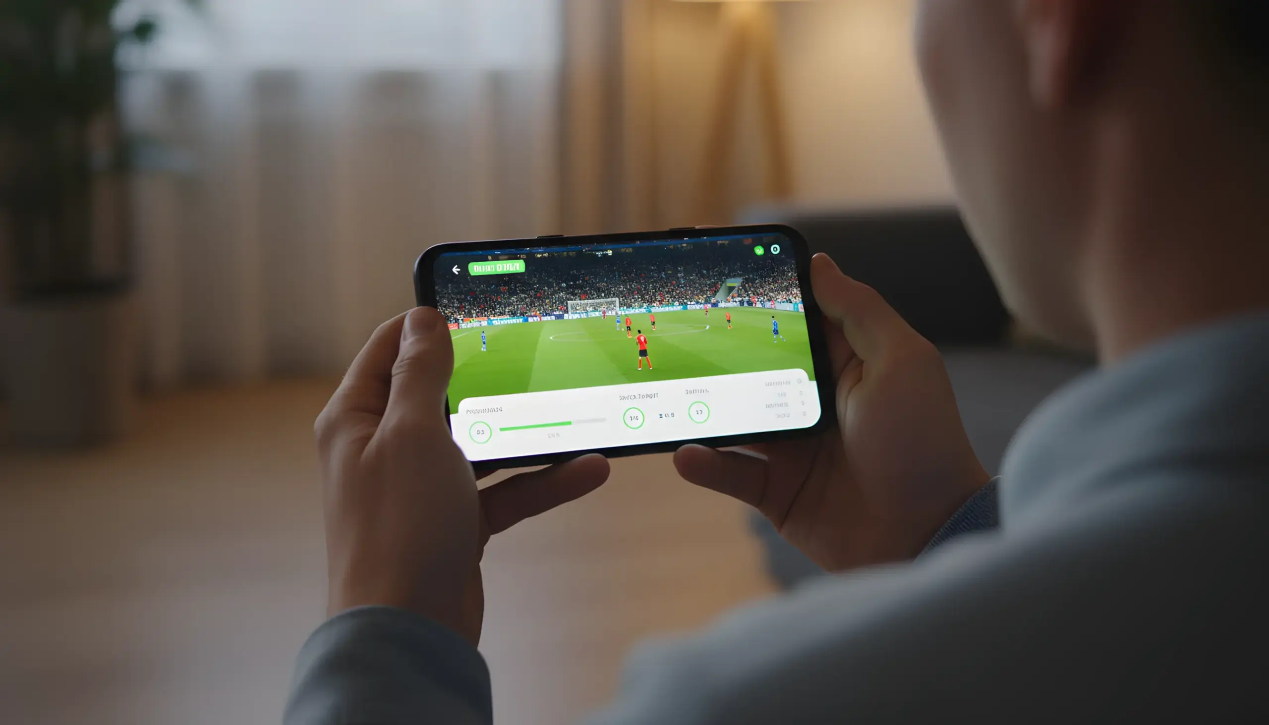 Smartphone mostrando streaming de partido de fútbol con estadísticas en vivo y opciones de apuesta