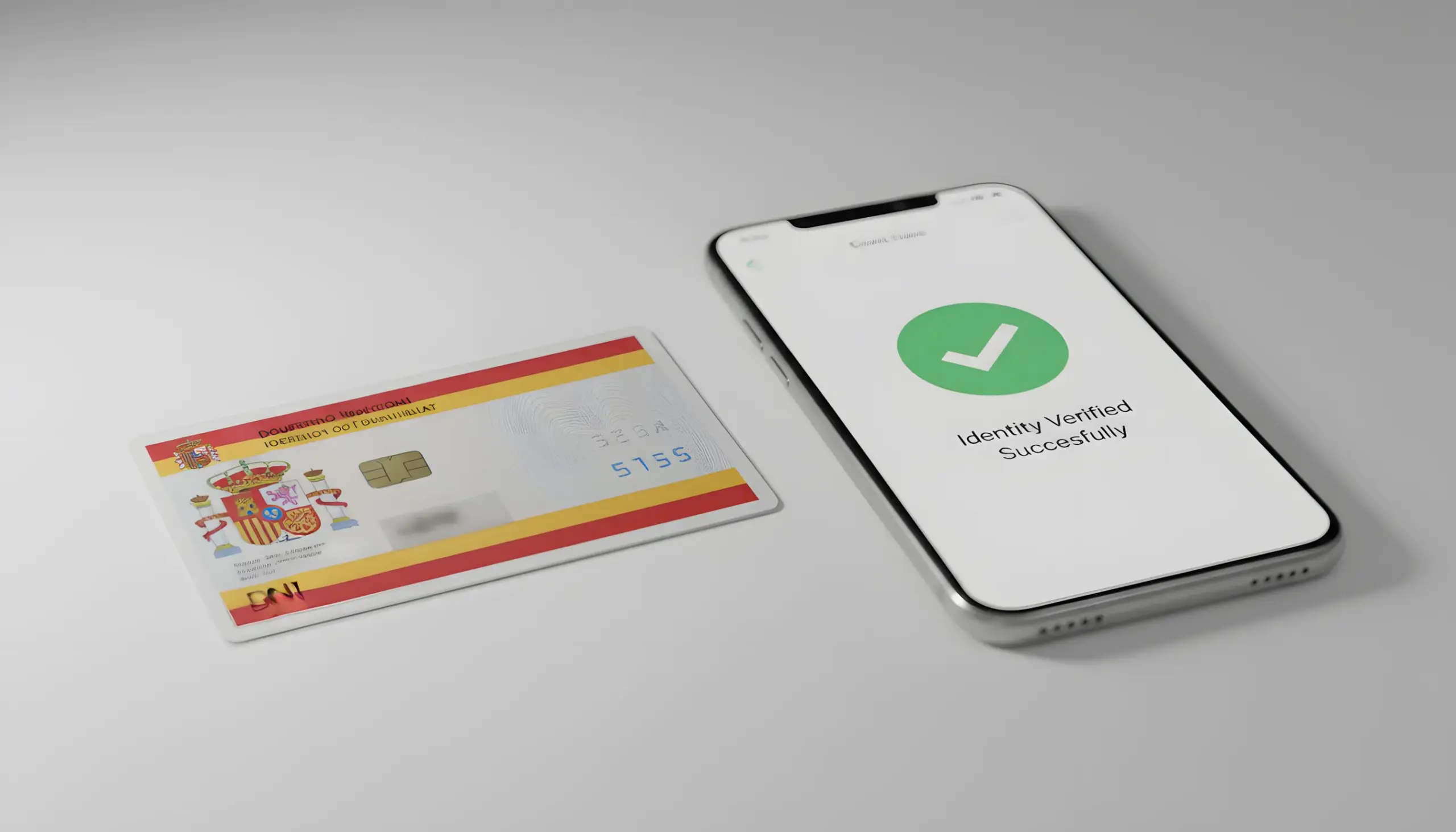 Documento de identidad español junto a smartphone mostrando proceso de verificación de cuenta completado