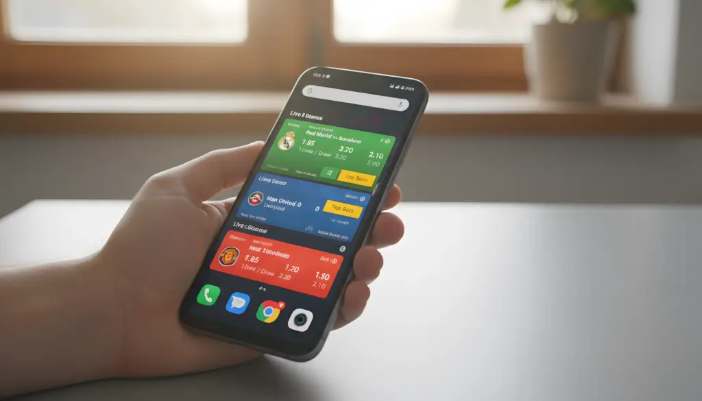 Pantalla de inicio de Android con widgets de apuestas deportivas mostrando cuotas en tiempo real