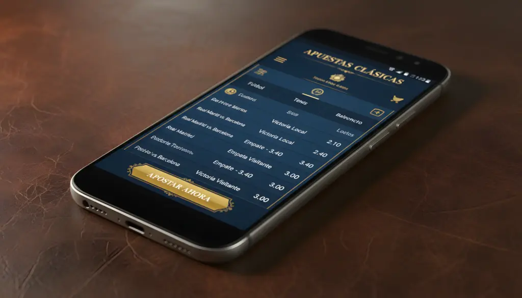 Smartphone Android mostrando aplicación de apuestas con interfaz azul clásica